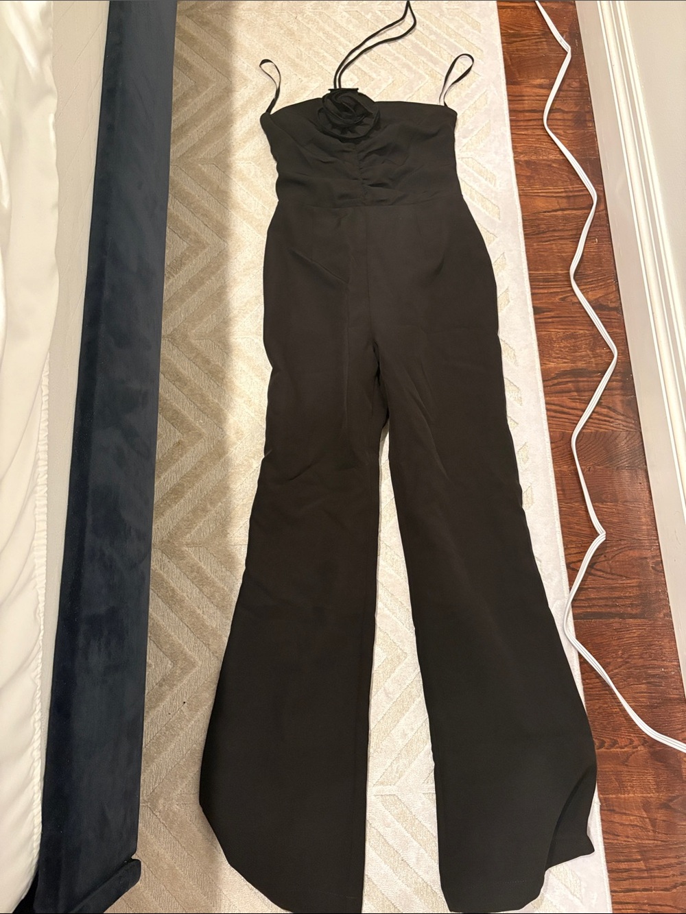 Black Strapless Wide-Leg Jumpsuit with Rosette Detail
